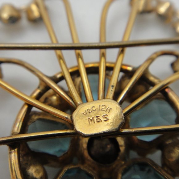 Vtg 12K GF Aqua Rhinestone Pin Pendant Earring M&S - Picture 7 of 10